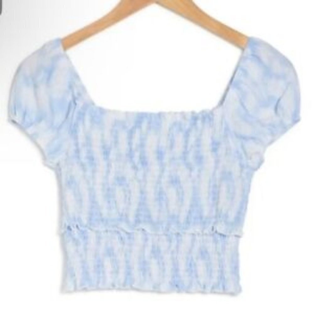 LUSH Blue and White Swirl Smocked Short Sleeve Crop Top, Size XL, NWT